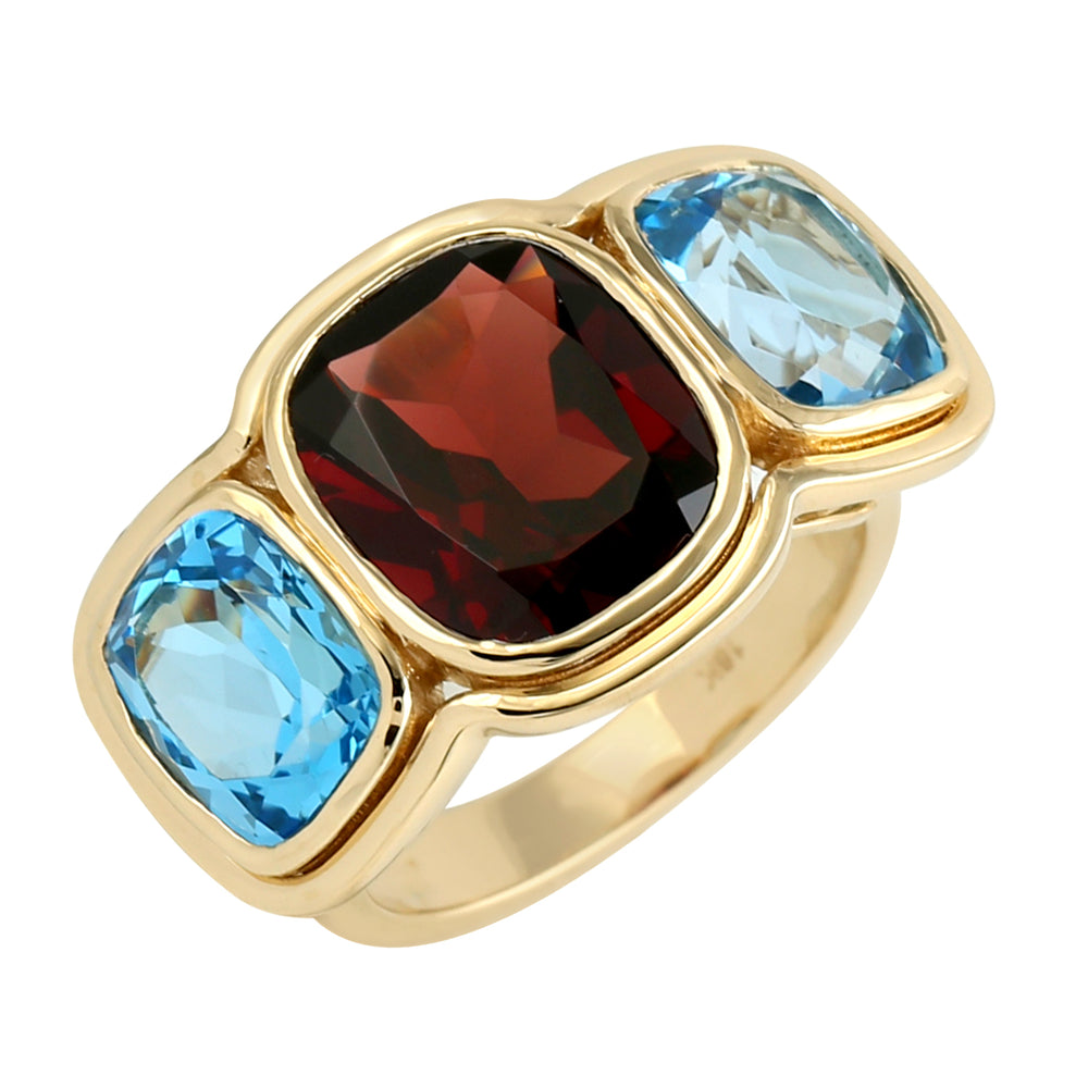 Bezel Set Topaz Garnet Three Stone Ring in 18k Gold