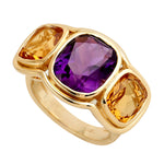 Citrine Amethyst Three Stone Solid 18k Yellow Gold Ring Gift