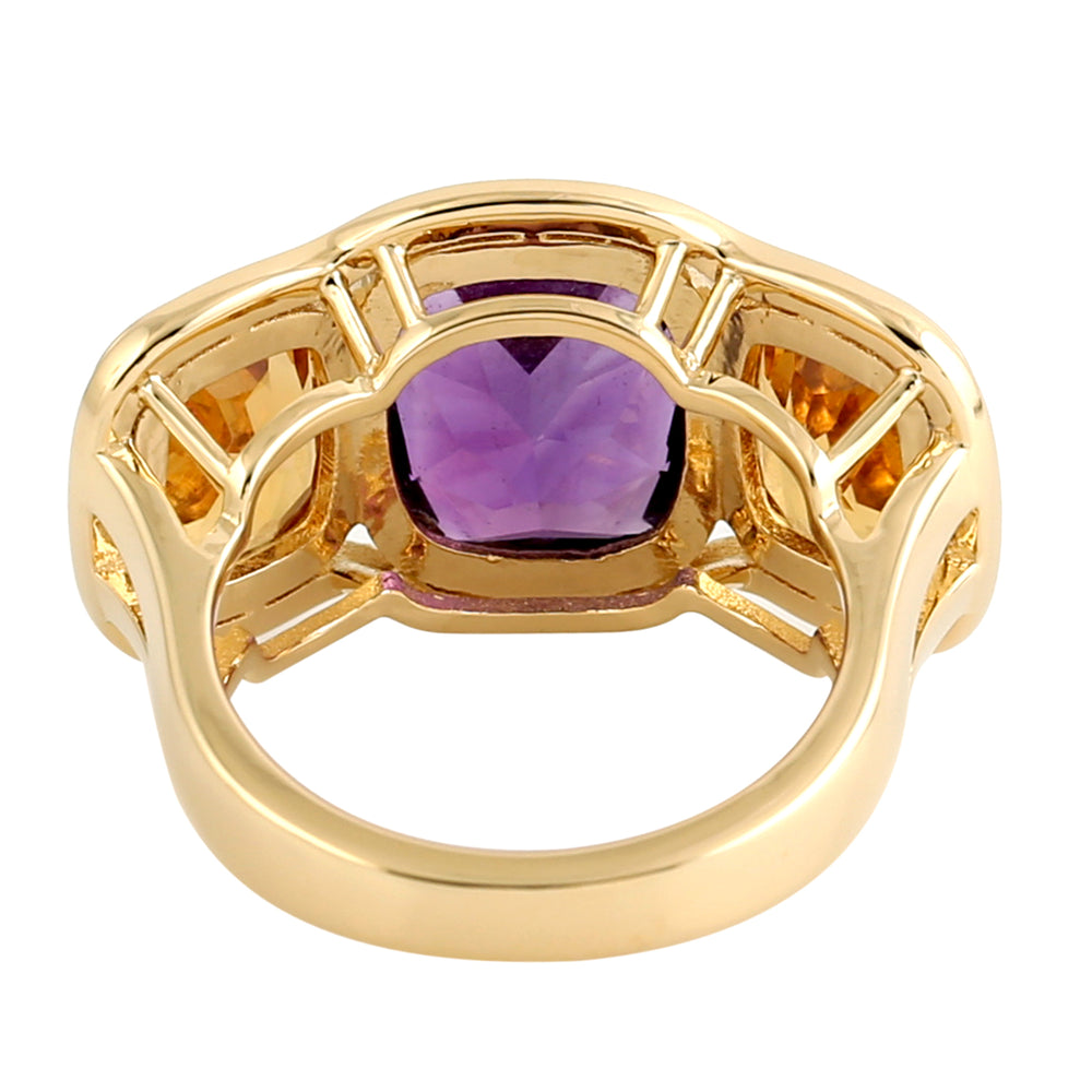 Citrine Amethyst Three Stone Solid 18k Yellow Gold Ring Gift