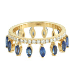 Natural Marquise Sapphire Diamond Tiara Design 18k Yellow Gold Ring