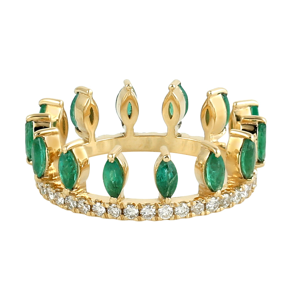 Natural Marquise Emerald Diamond Tiara Design 18k Yellow Gold Ring