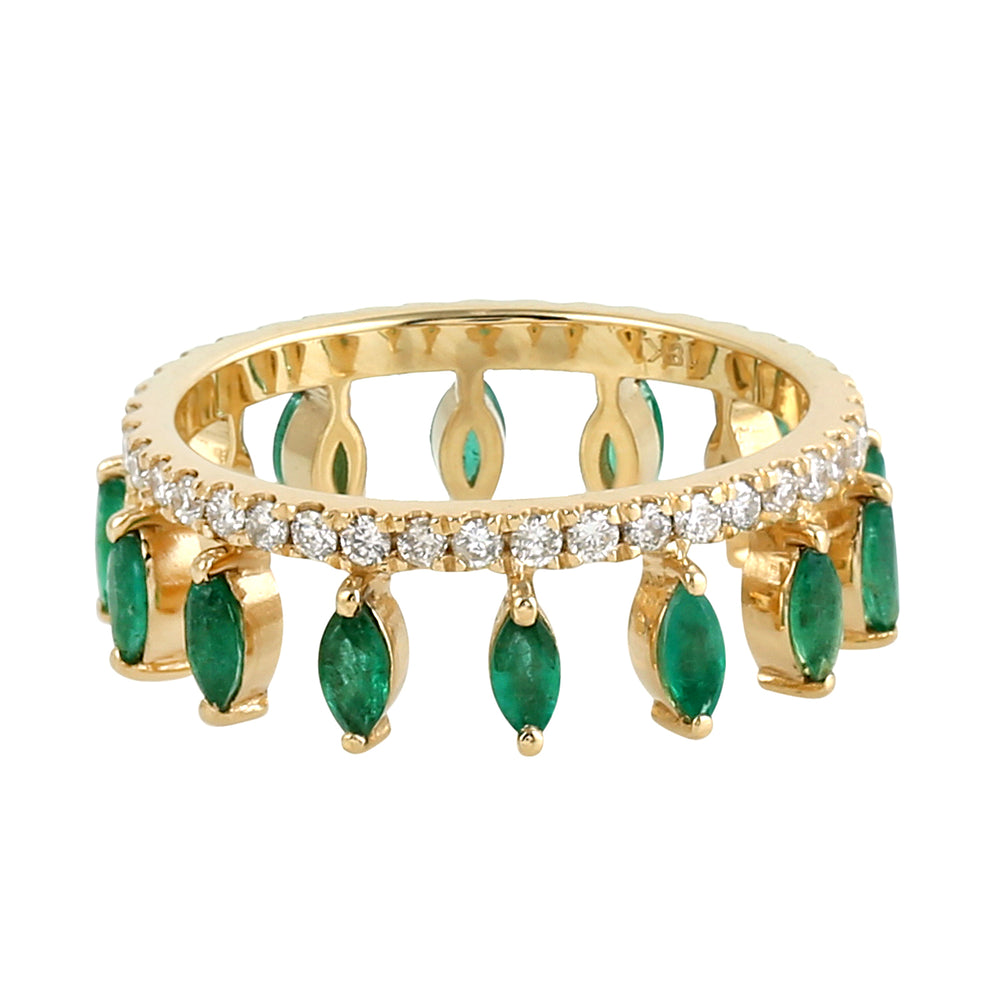 Natural Marquise Emerald Diamond Tiara Design 18k Yellow Gold Ring