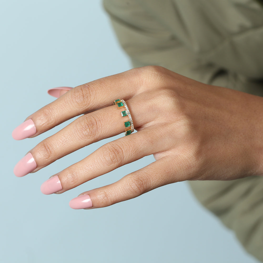 Square Cut Emerald May Birthstone Pave Diamond Tiara Band Ring In Gold