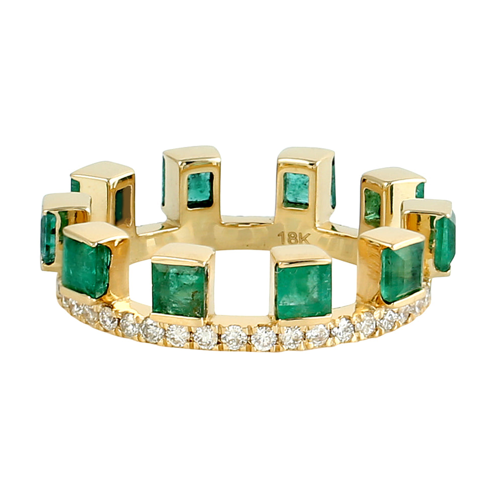 Square Cut Emerald May Birthstone Pave Diamond Tiara Band Ring In Gold