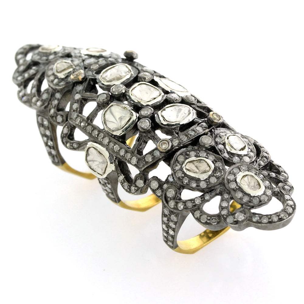 Natural Polki Diamond Pave Designer Knuckle Ring Jewelry In 18k Yellow Gold & Sterling Silver