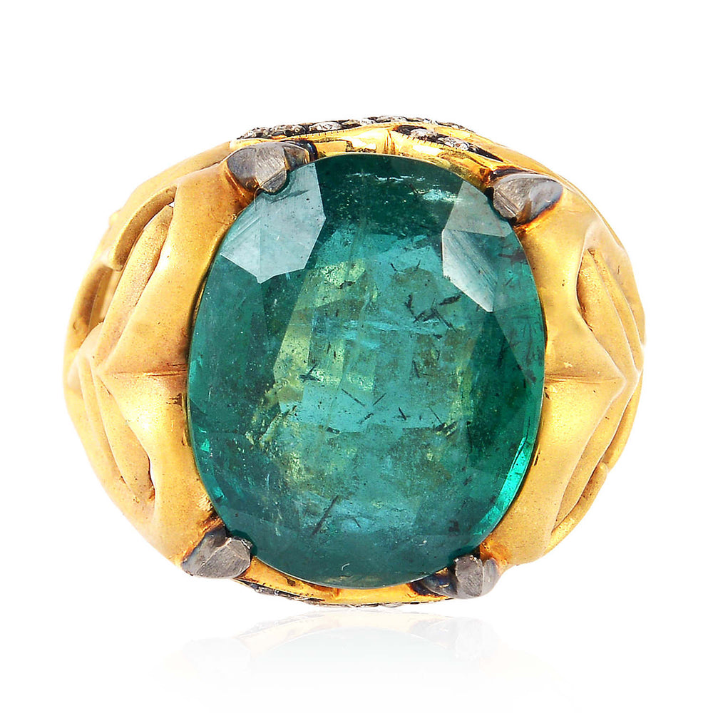 Faceted Emerald Diamond Dome Ring In 18k Gold For Gift