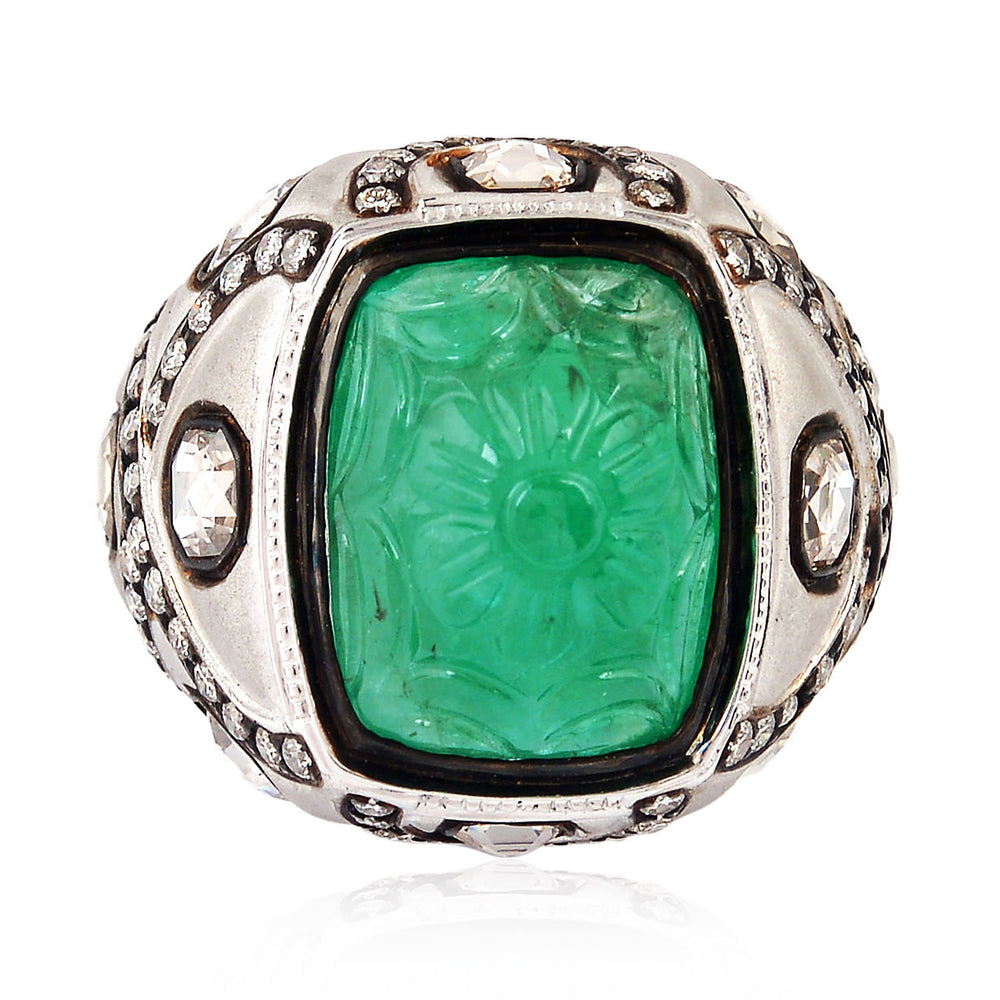 Handcarved Emerald Diamond Cocktail Vintage Ring In 18k Gold