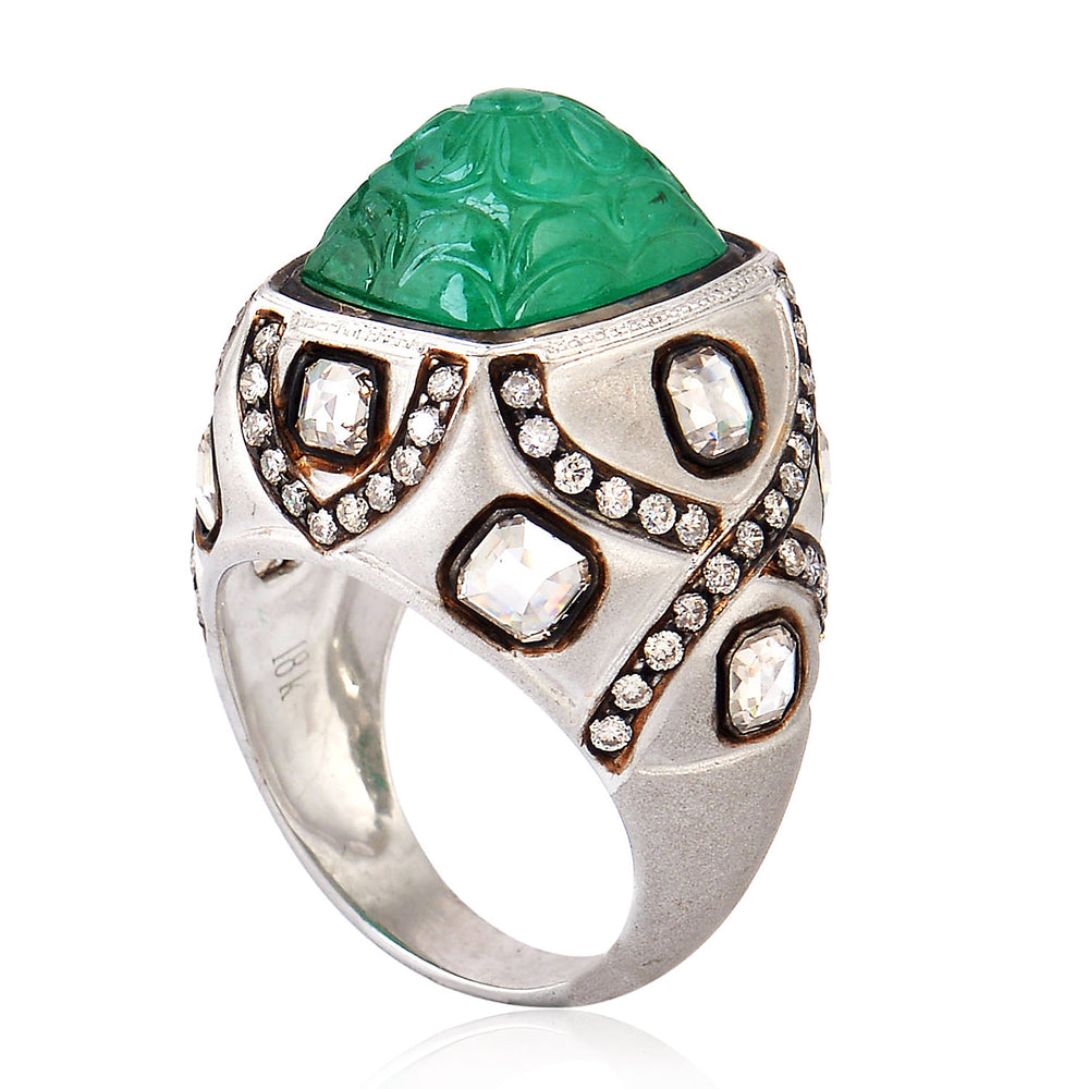 Handcarved Emerald Diamond Cocktail Vintage Ring In 18k Gold