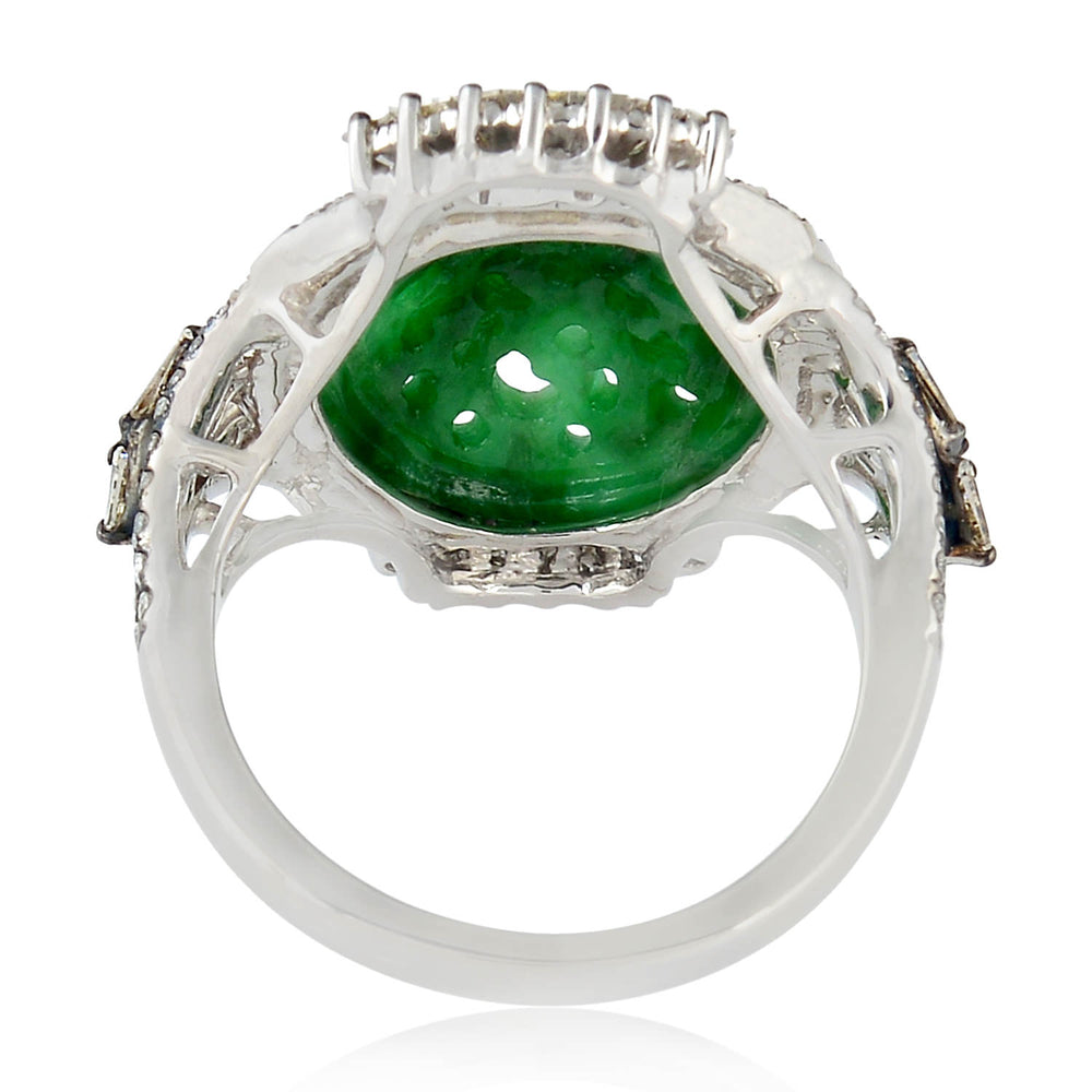 Handcarved Filigree Jade Diamond Cocktail Ring in 18k White Gold