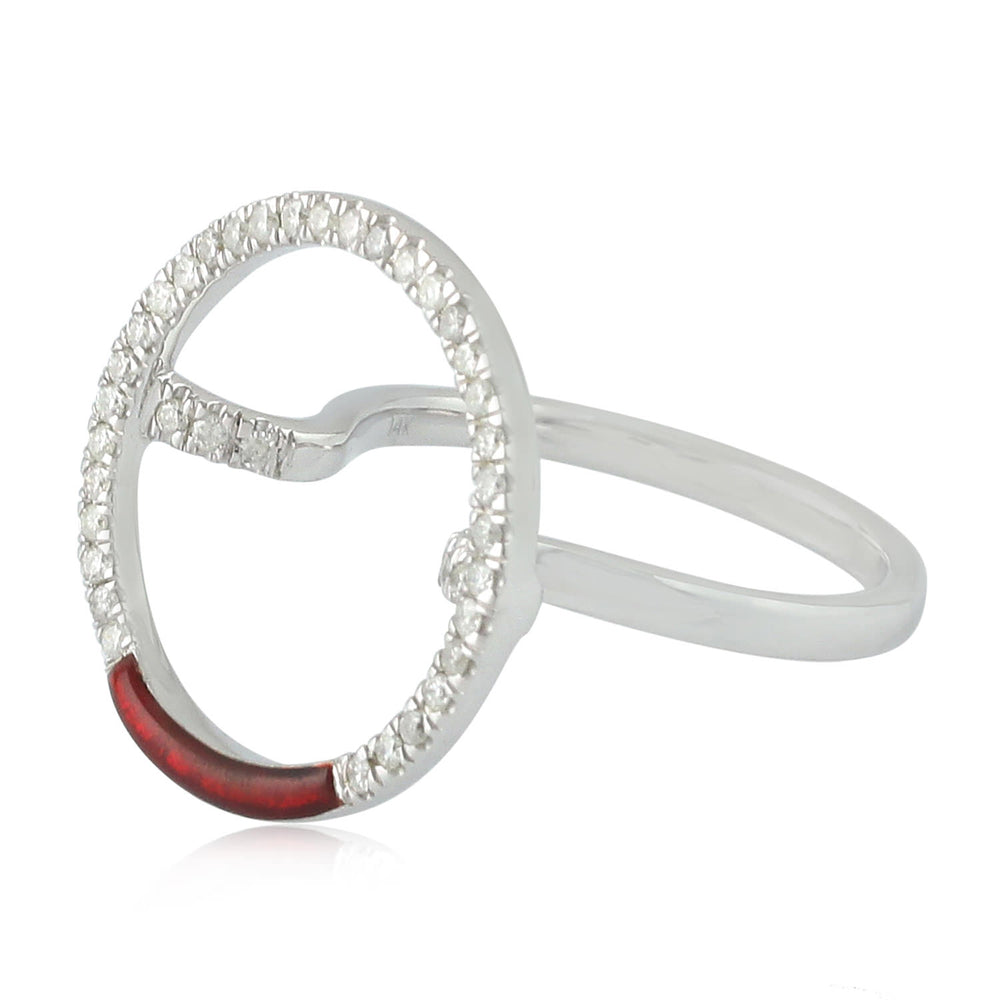 Pave Diamond 14k White Gold Cocktail Ring Enamel Circle Fashion Jewelry