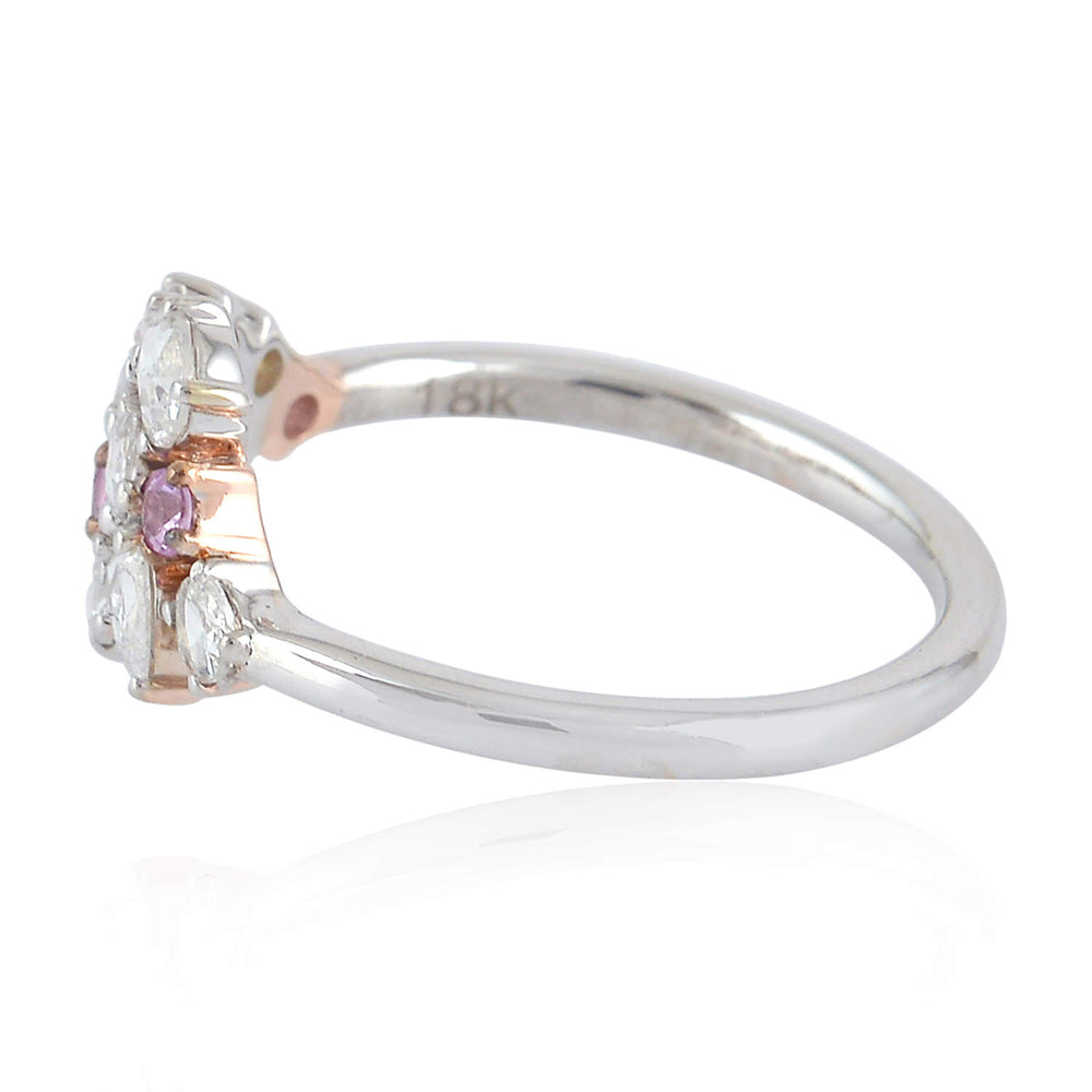18K Solid White Gold Rose Cut Diamond Pink Sapphire Cluster Ring Gift
