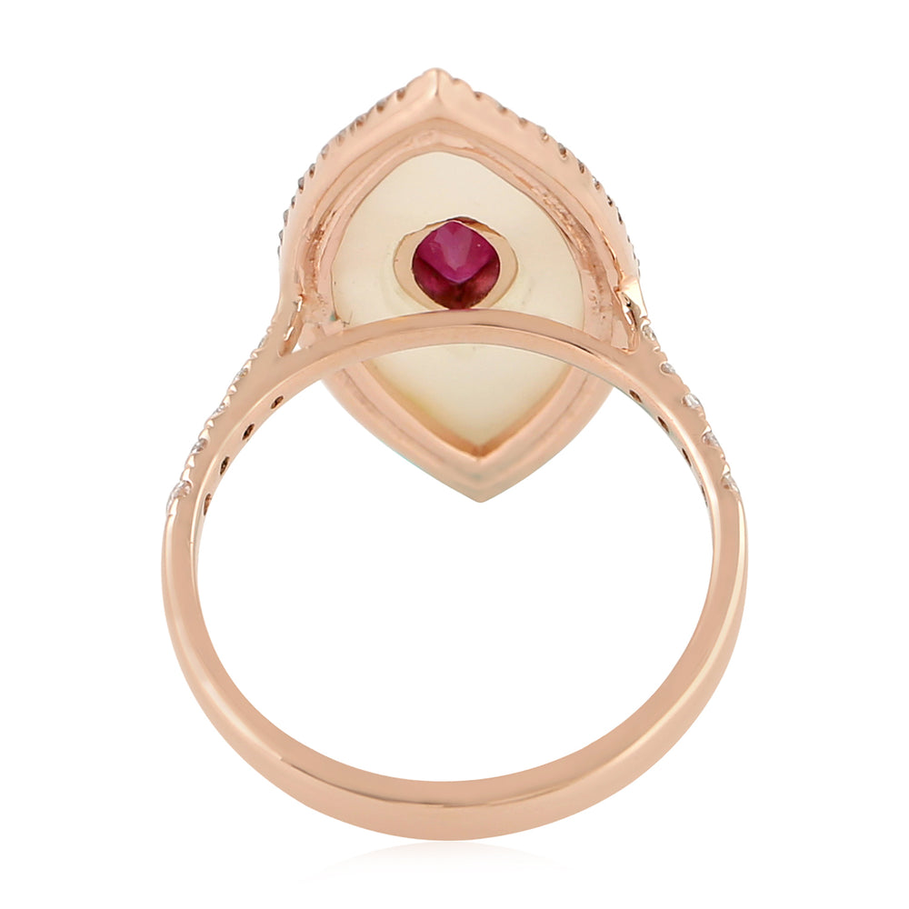 Marquise Mother of Pearl & Ruby Gemstone Cocktail Ring Birthstone June 18k Rose Gold