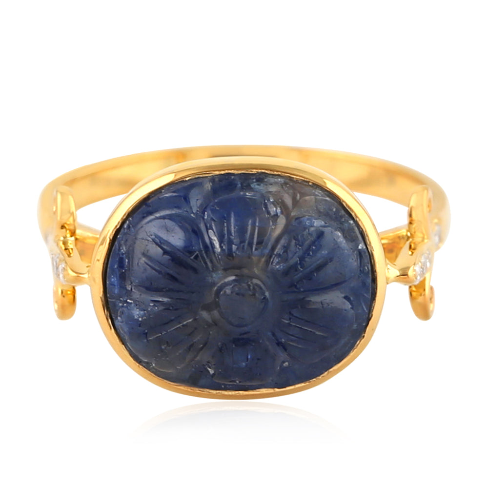 Handcarve Sapphire Diamond Vintage Ring In 18k Yellow Gold