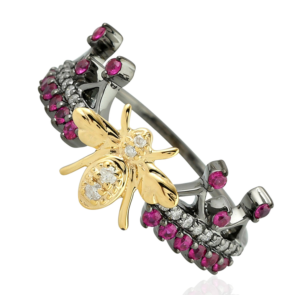 Tiara Design Ruby Diamond Band Ring Housefly In 18k Gold