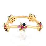 Multicolor Sapphire Floral Band Ring V Design in 18k Yellow Gold