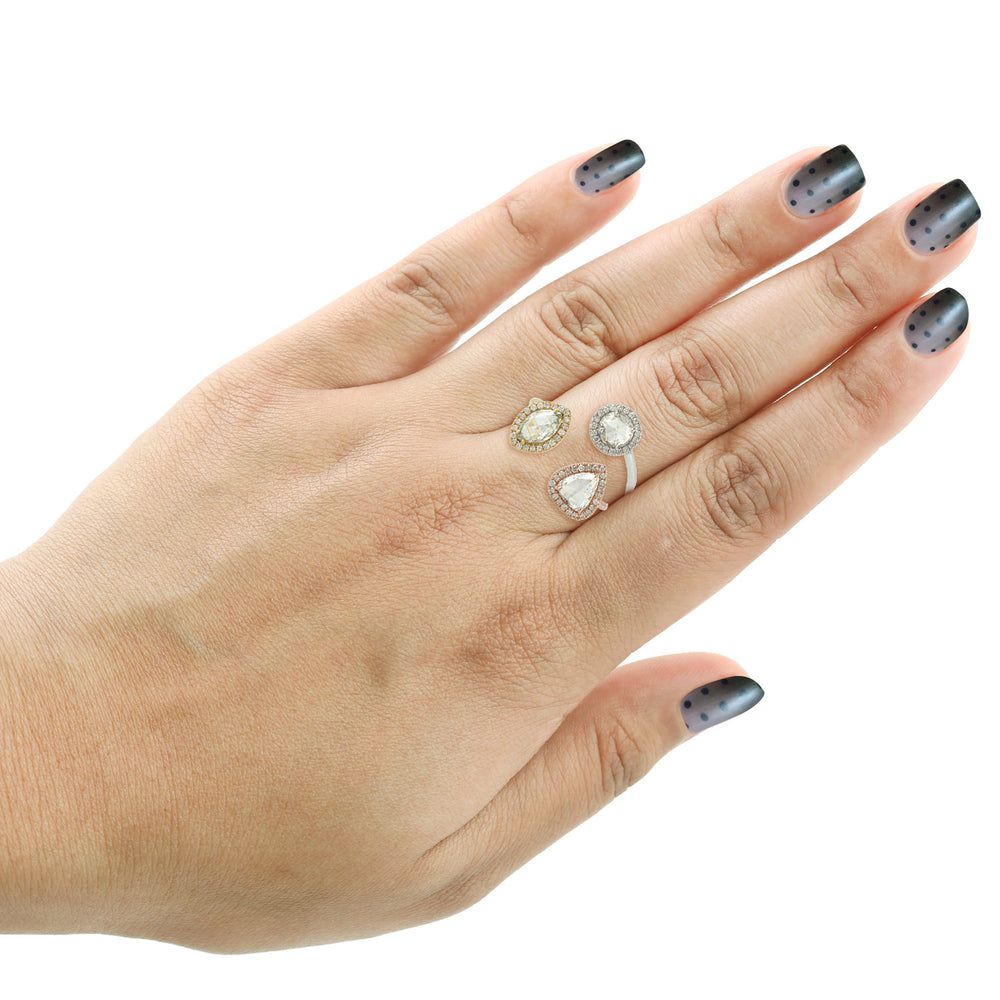 Solid 18K Gold Tri Tone Between The Finger Ring Natural Diamond Jewelry