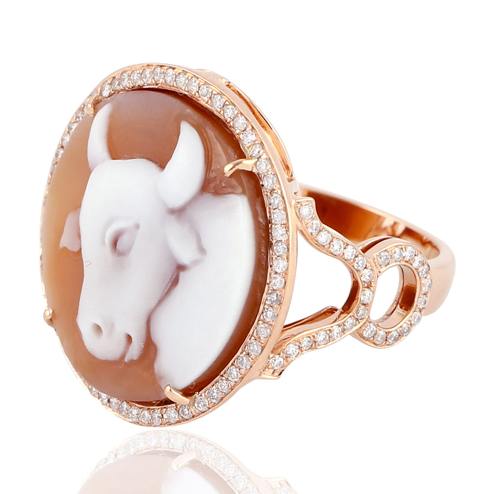 Engraved Shell Cameo Diamond Cocktail Ring In 18k Rose Gold