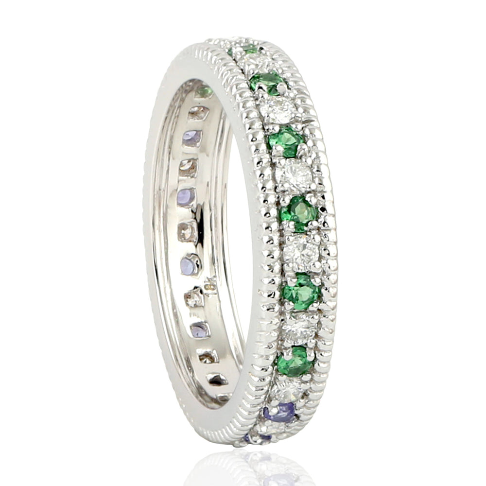 Natural Tanzanite, Tsavorite Band Ring 18k White Gold Diamond Jewelry