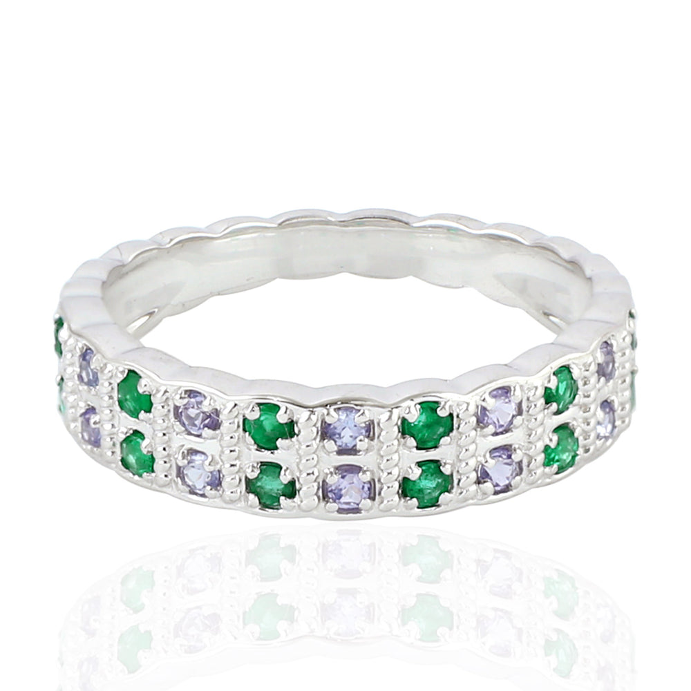 Natural Emerald Band Ring 18k White Gold Tanzanite Jewelry