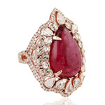 18k Yellow Gold Natural Ruby Diamond Cocktail Ring Women's Jewelry