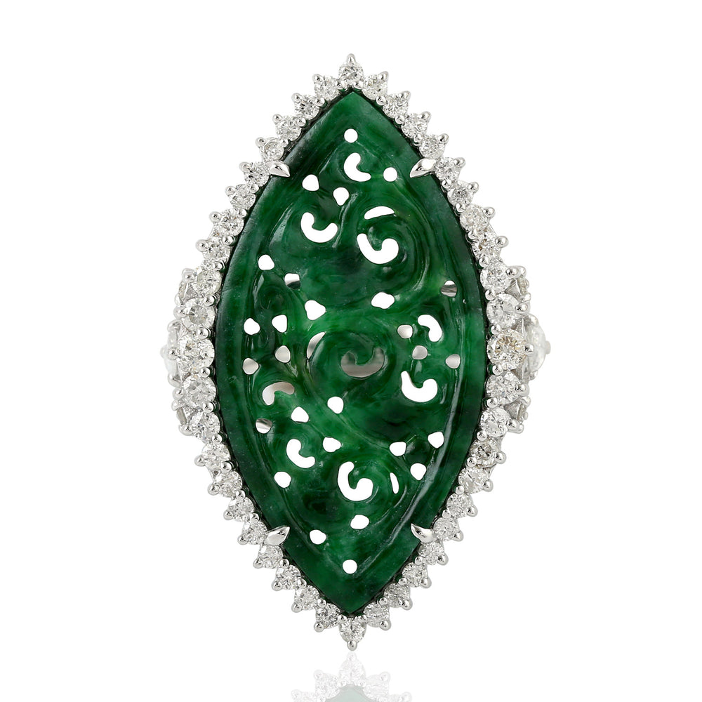 Carved Jade Ring Pave Diamond Marquise Gemstone Ring 18k White Gold Jewelry