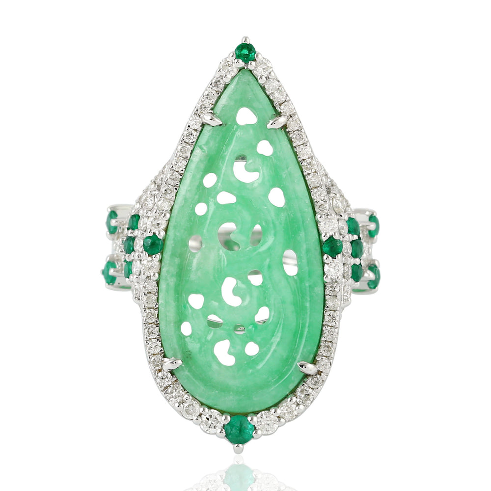 Carved Jade Emerald Diamond Long pear Shaped Ring in 18k White Gold