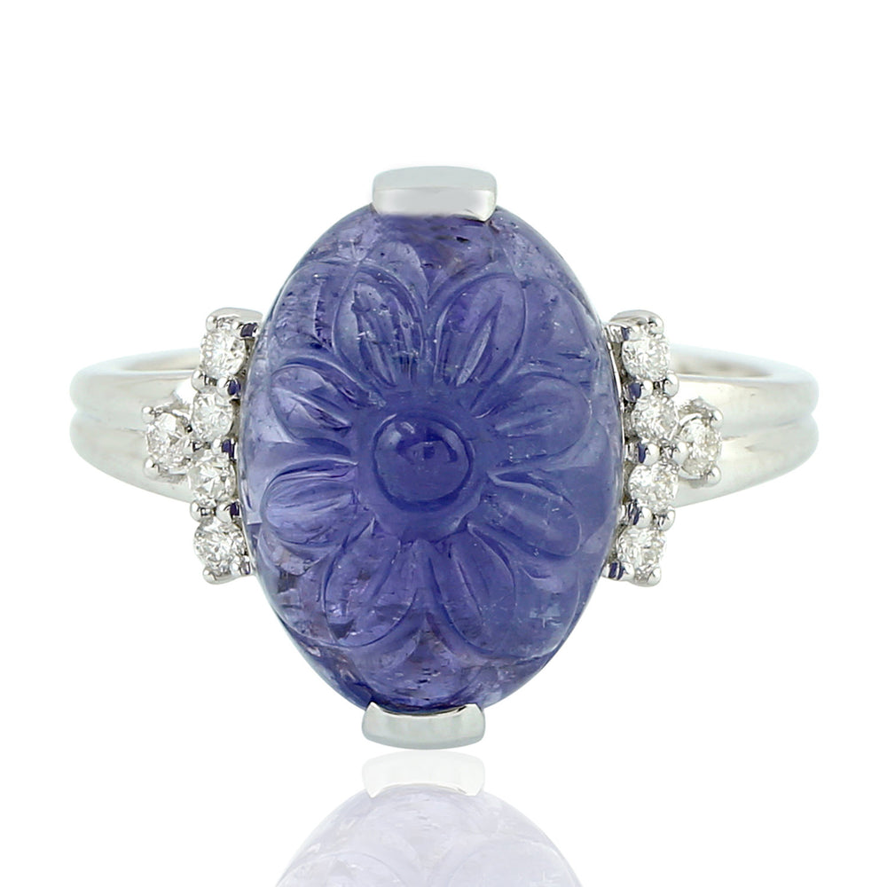 Natural Carved Tanzanite Cocktail Ring 18k White Gold Jewelry