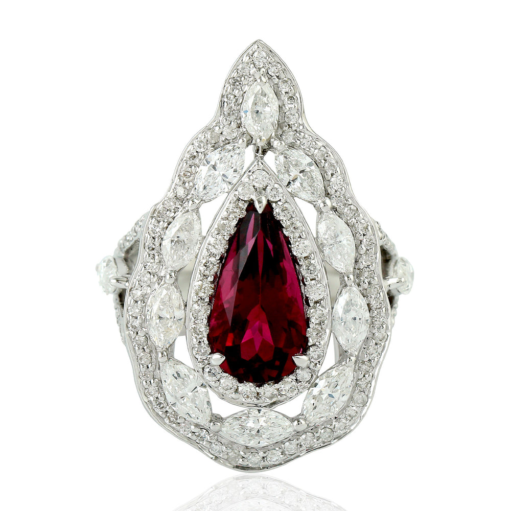 Pear Cut Rubylite Pave Diamond Pear Shaped Cocktail Ring in 18k White Gold