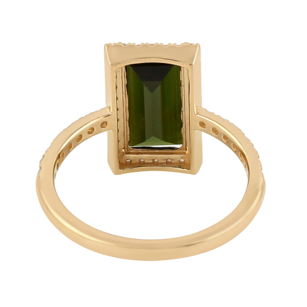 Baguette Tourmaline Natural Pave Diamond Beautiful Gemstone Ring In 18k Yellow Gold