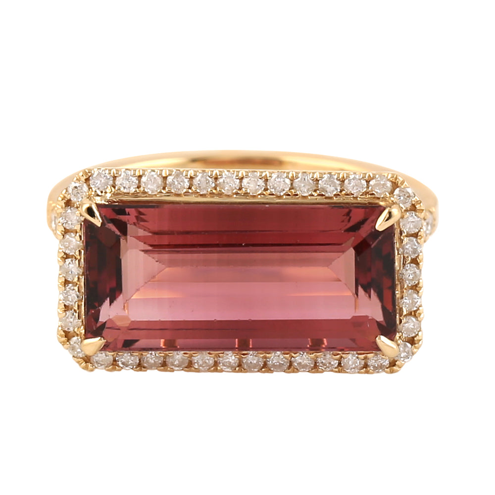 Handmade Baguette Pink Tourmaline Pave Diamond Cocktail Ring Anniversary Gift 18k Yellow Gold