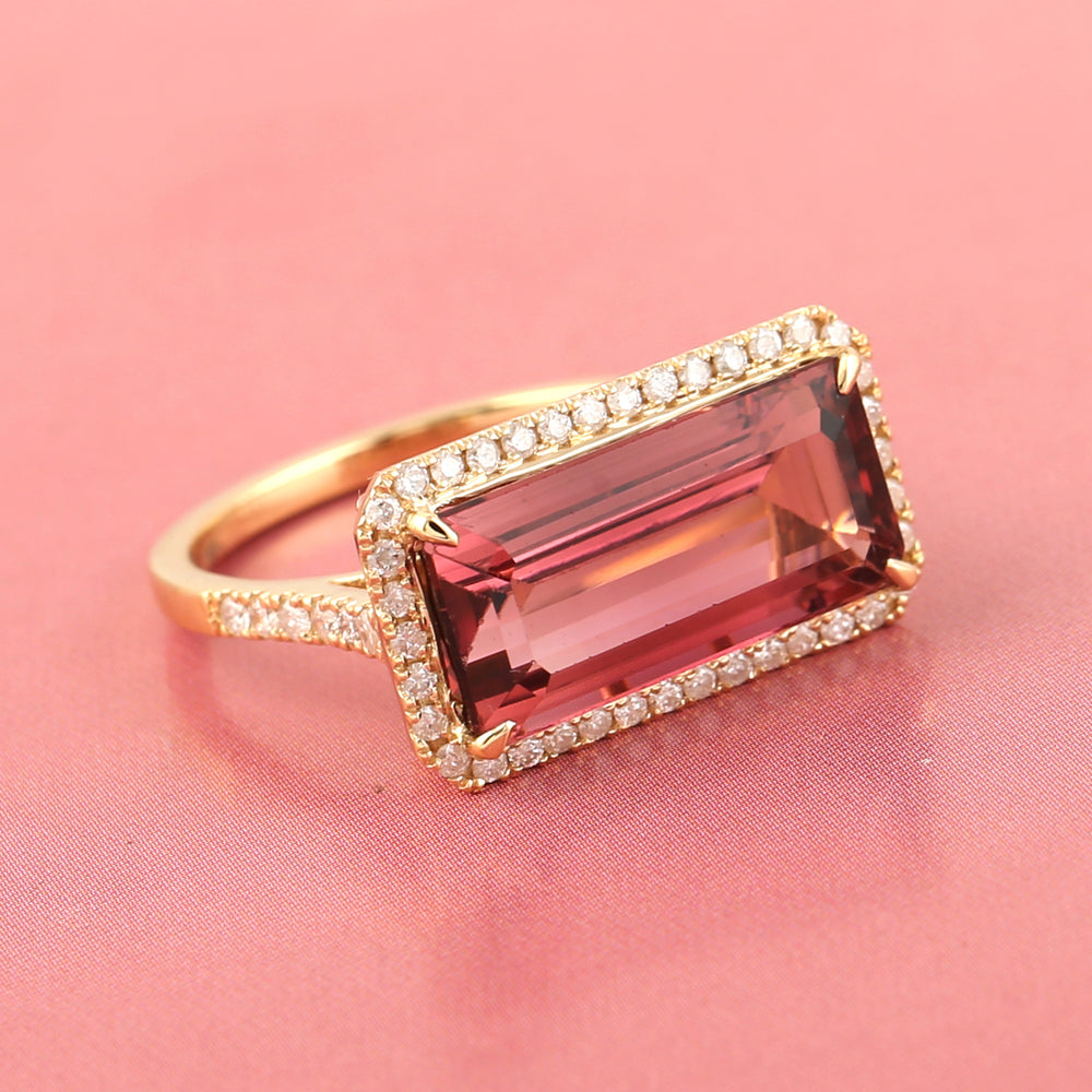 Handmade Baguette Pink Tourmaline Pave Diamond Cocktail Ring Anniversary Gift 18k Yellow Gold