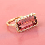 Handmade Baguette Pink Tourmaline Pave Diamond Cocktail Ring Anniversary Gift 18k Yellow Gold