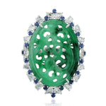 Carved Jade Pave Diamond Sapphire Oval Shaped Ring In 18k White Gold