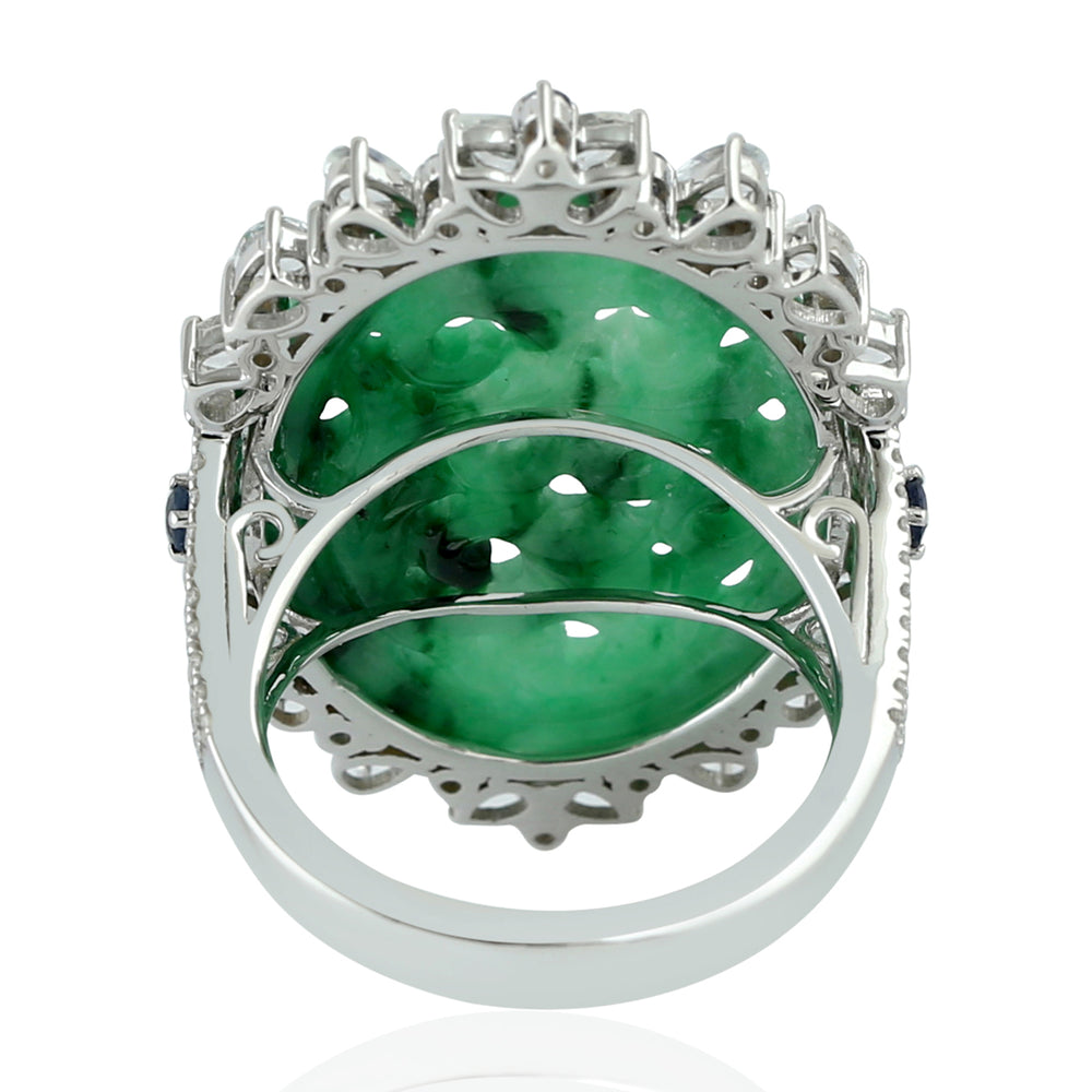 Carved Jade Pave Diamond Sapphire Oval Shaped Ring In 18k White Gold