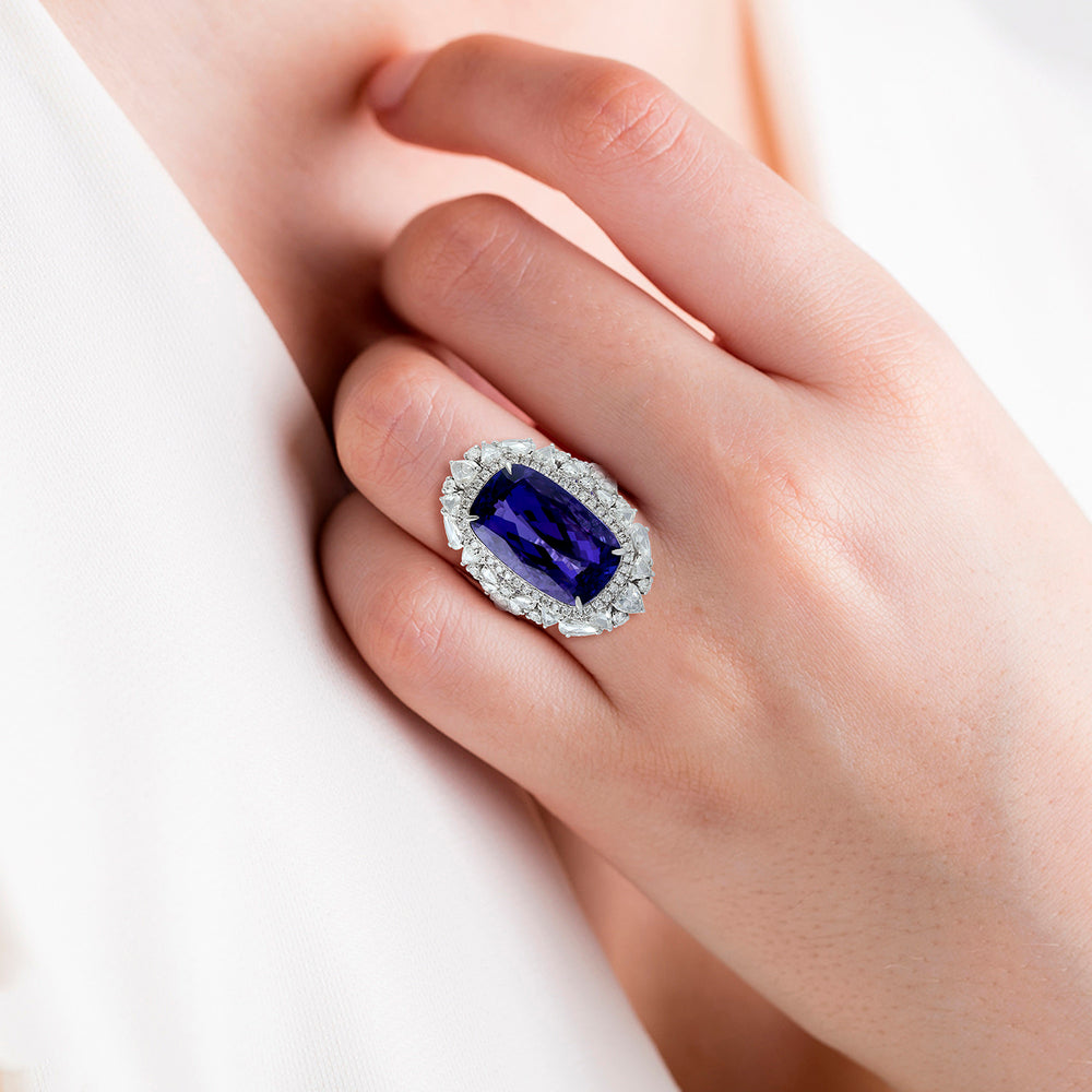 Tanzanite Cocktail Ring 18k White Gold Diamond Handmade Jewelry Gift