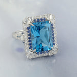 Emerald Cut Blue Topaz Sapphire & Diamond Cocktail Ring Jewelry in 18k White Gold For Her