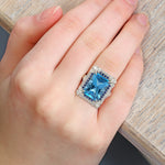 Emerald Cut Blue Topaz Sapphire & Diamond Cocktail Ring Jewelry in 18k White Gold For Her