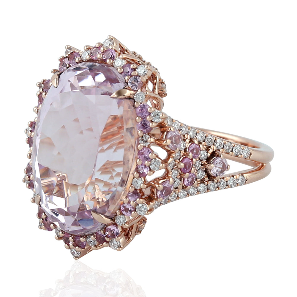 Kunzite Cocktail Ring 18k Rose Gold Diamond Gemstone Handmade Jewelry