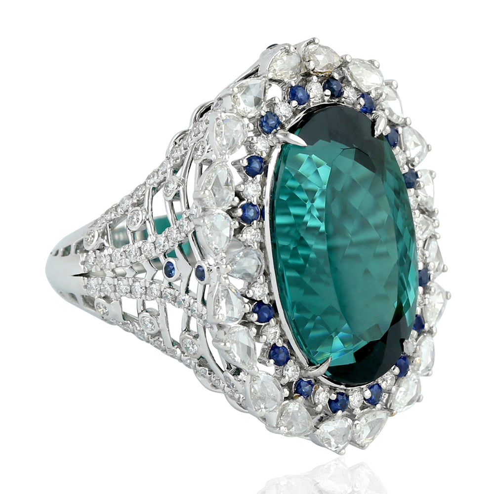 Tourmaline Sapphire Diamond Oval Shaped Cocktail Ring In 18k White Gold