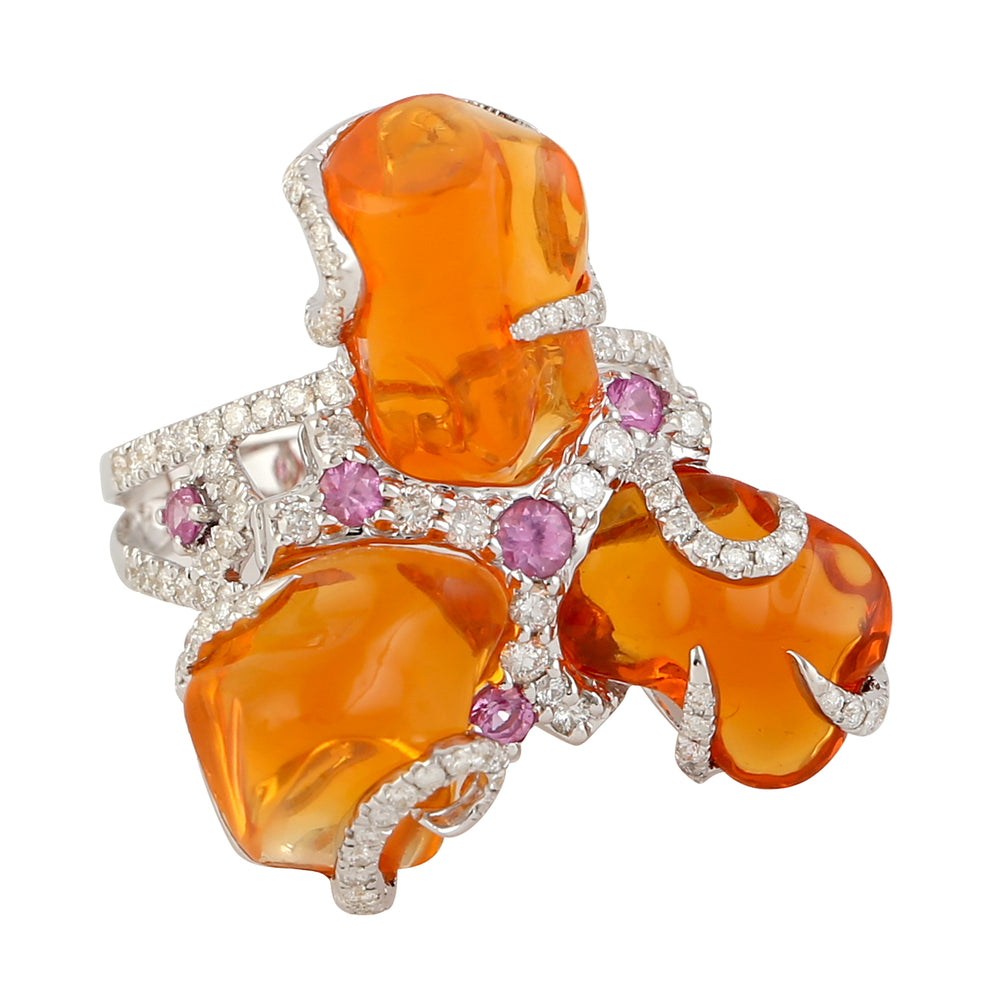 Unshaped Fire Opal Pave Diamond Sapphire Cocktail Ring In 18k White Gold