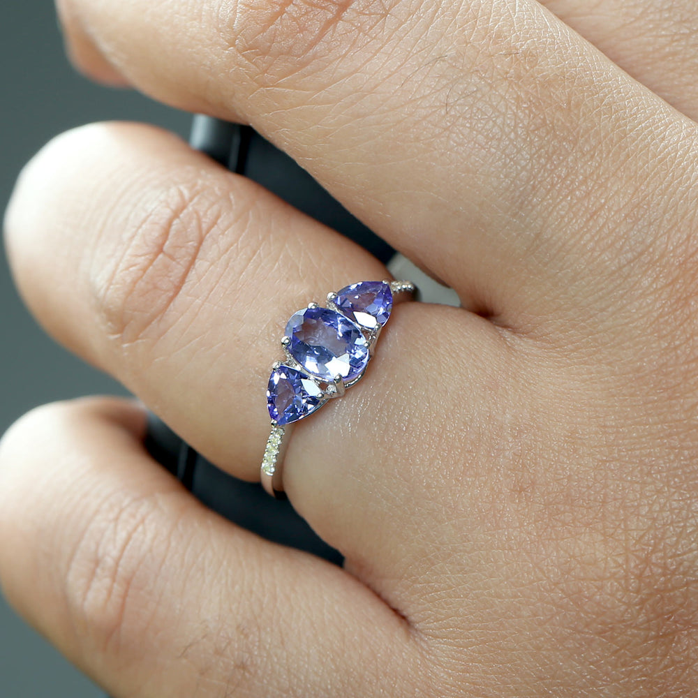 Tanzanite Three Stone Ring Pave Diamond 18k White Gold Gemstone Jewelry