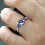 Tanzanite Three Stone Ring Pave Diamond 18k White Gold Gemstone Jewelry