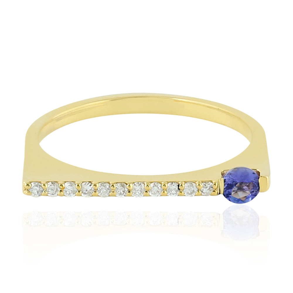 Tanzanite & Studded Diamond Gemstone Bar Designer Ring 18k Yellow Gold Jewelry