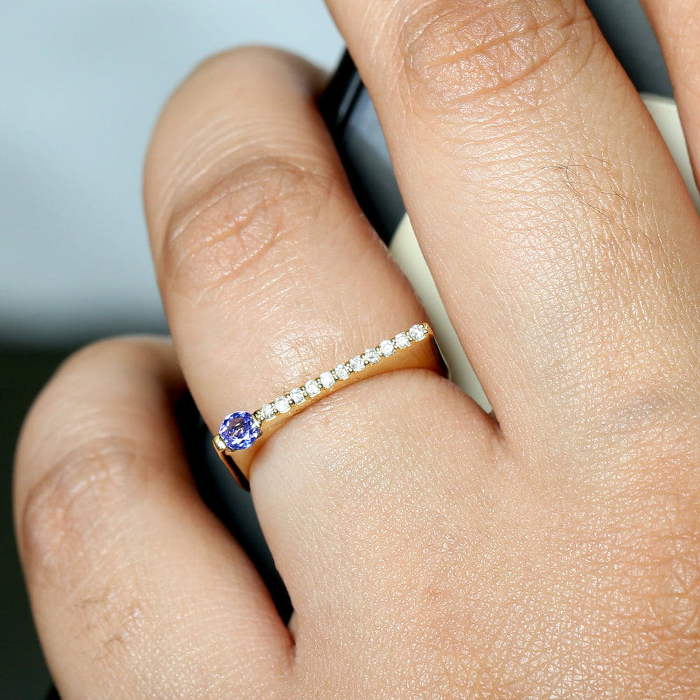 Tanzanite & Studded Diamond Gemstone Bar Designer Ring 18k Yellow Gold Jewelry