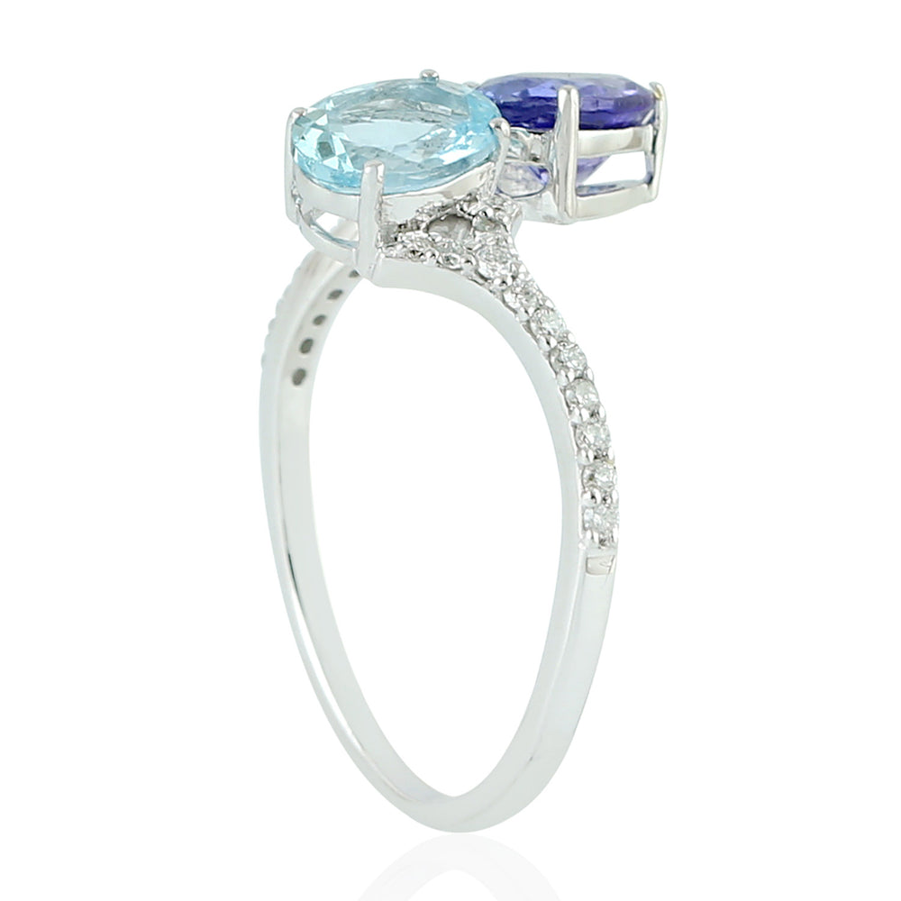 Aquamarine Bypass Ring 18k White Gold Diamond Gemstone Handmade Jewelry Gift