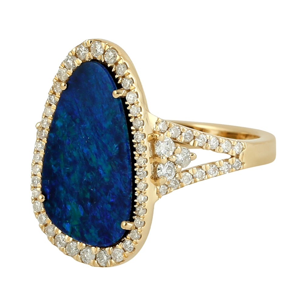 Opal Doublet Diamond 18k Yellow Gold Wedding Ring Gift