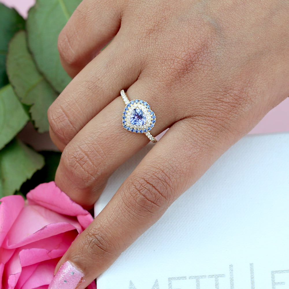 Solid Yellow Gold Heart Ring Tanzanite Ring Studded With Blue Sapphire