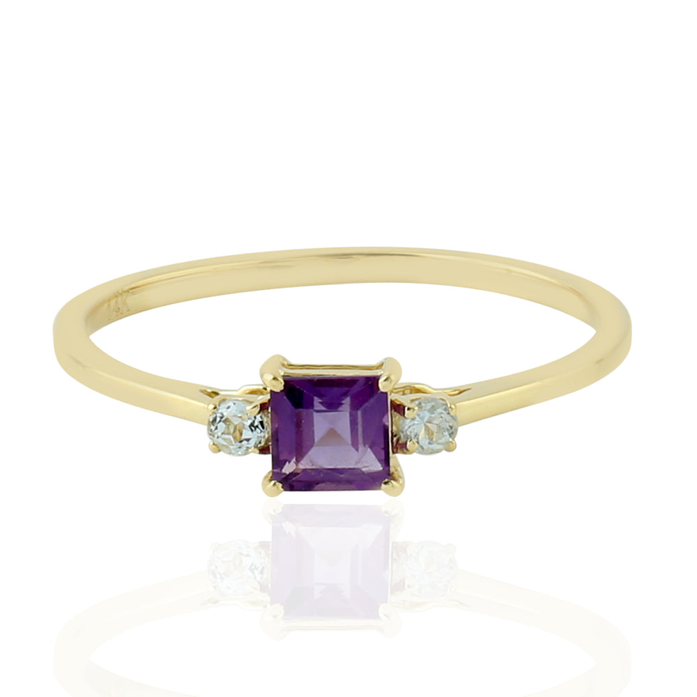 Square Cut Amethyst & Blue Topaz Gemstone Delicate Ring In 14k Yellow Gold