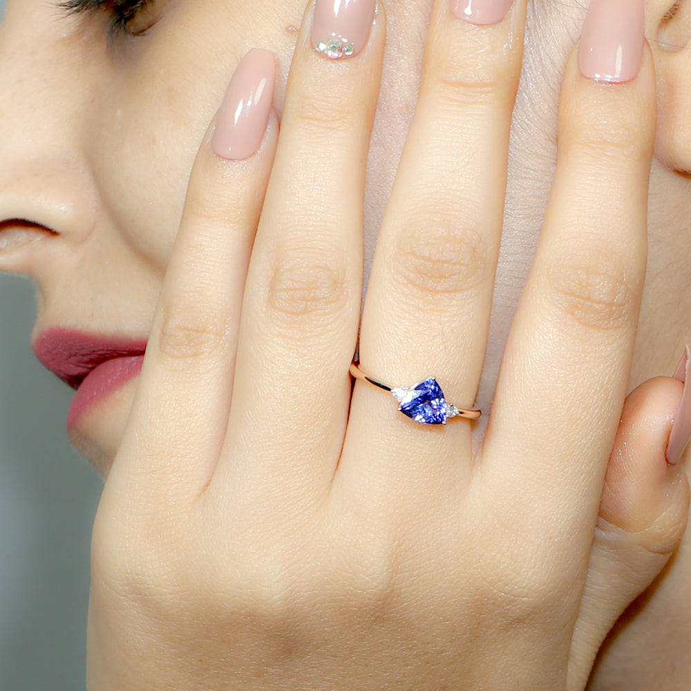 14k Rose Gold Trillion Tanzanite Prong Diamond Dainty Ring