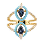 18k Yellow Gold Blue Sapphire Pave Diamond Designer Ring Jewelry